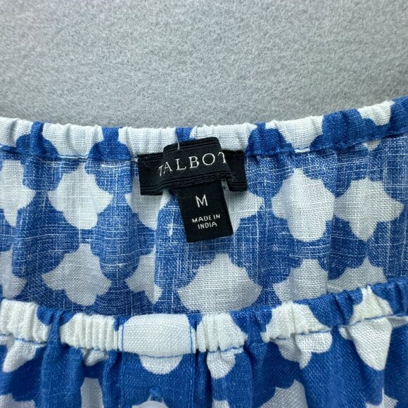 Talbots Top Womens Medium Blue White Pullover Linen Elastic Tie Hem 3/4 Sleeve - Picture 13 of 14